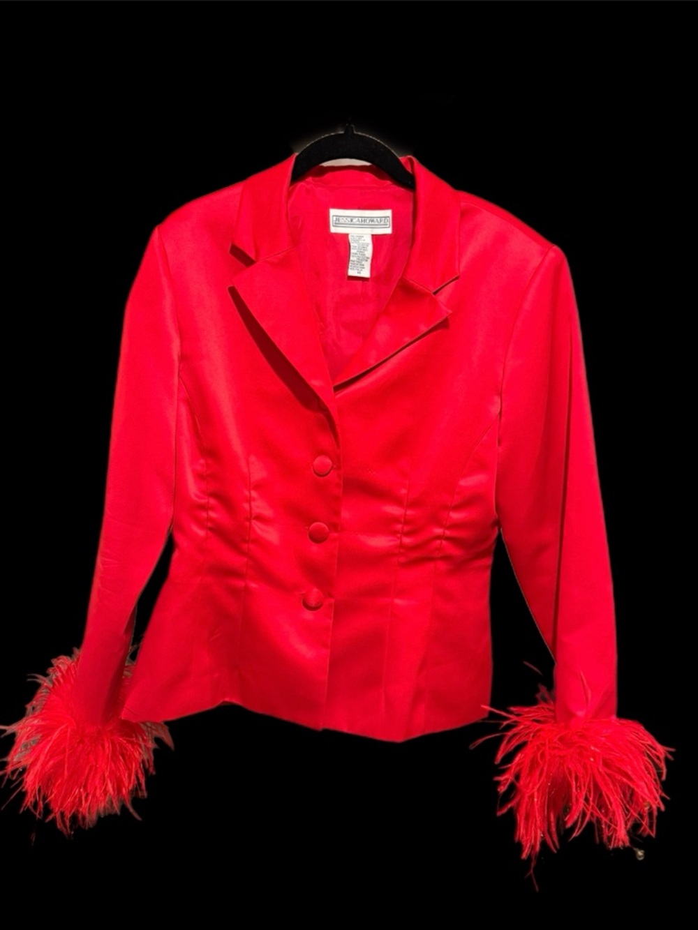Vintage 1988 Jessica Howard Red Blazer with Feather Trim Cuffs Size 14